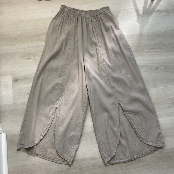 Bella Amore Pure Linen Boho Chic Pull on Pants Adjustable Waist Beige XL - Picture 1 of 15